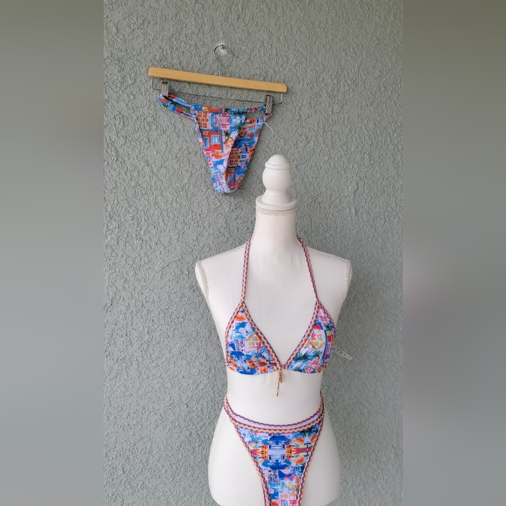 3 Piece Bikini Set XS Colorful Tropical Print Triangle Top 2 Bottoms Swimwear